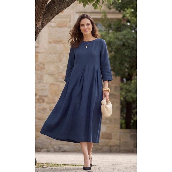 Lintico Dresses & Skirts - LINTICO Navy Blue Linen Pleated Midi Dress XXL 3/4 Sleeve Pockets Lagenlook